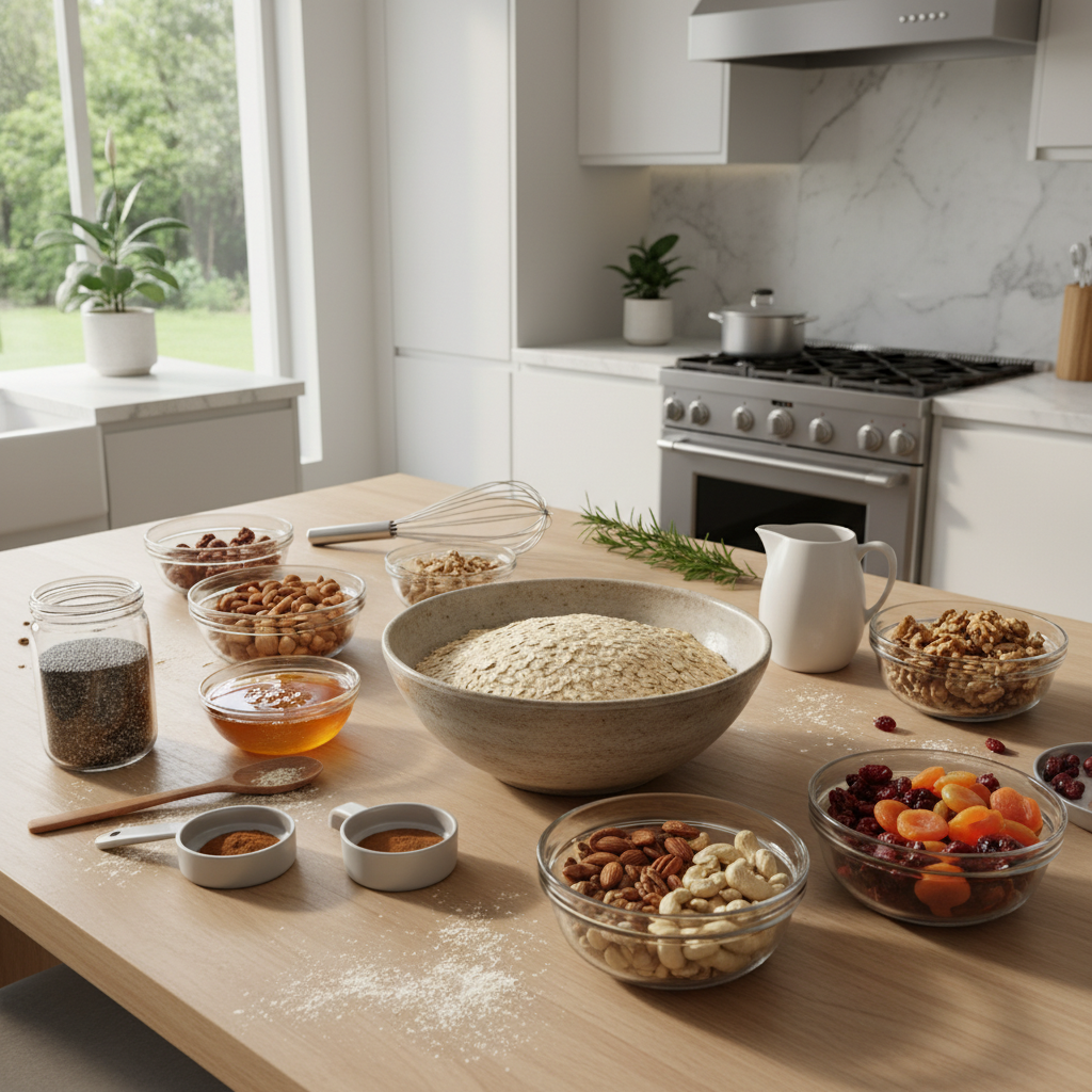 Ingredientai granolos gamybai ant medinio stalo